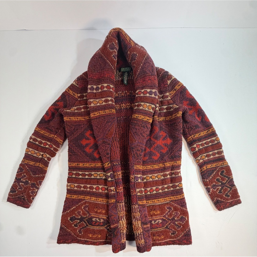 Lauren Ralph Lauren Southwestern Shawl Collar Cardigan Sweater XS Burgundy Knit